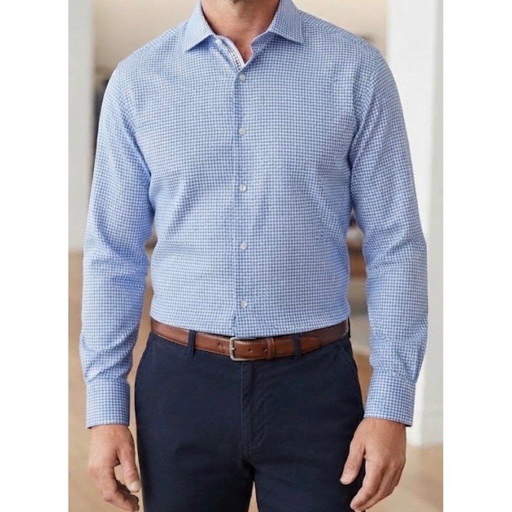 Peter Millar Men's Dress Shirt Blue White Micro Check 100% Cotton Size 17.5 L
